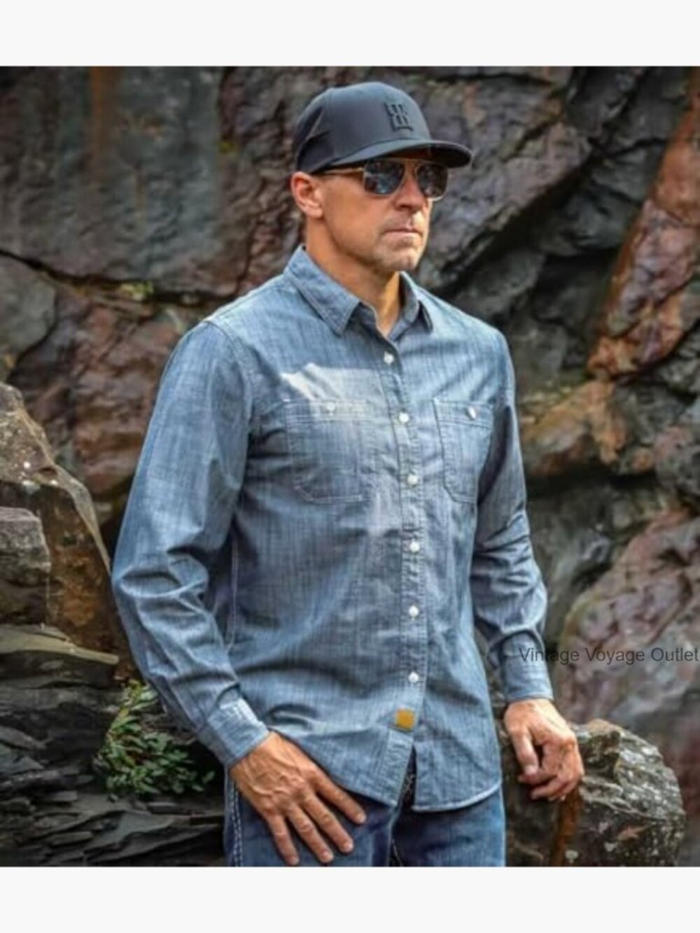 Men's Cotton Chambray Button Down Shirt Long Sleeve Regular Fit Two Pockets - Picture 2 of 6